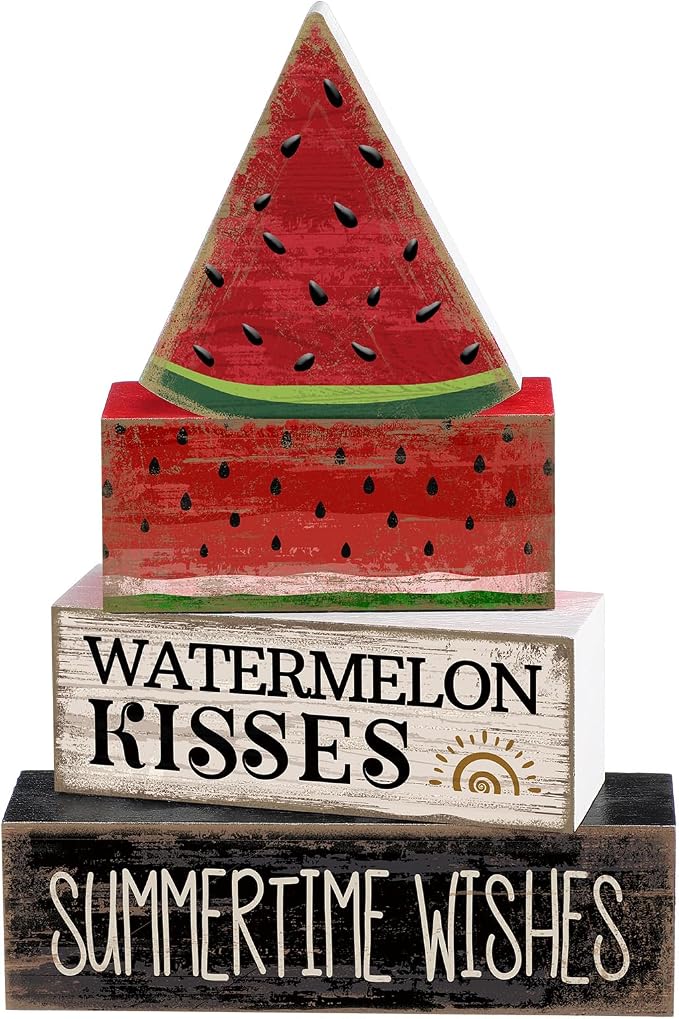 Lineshading 4 Pcs Summer Table Decor Wooden Watermelon Tiered Tray Decor | Stackable Summer Home Decoration, Rustic Tabletop Piece for Birthday Party, Watermelon Kisses Summertime Wishes Signs
