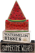 Lineshading 4 Pcs Summer Table Decor Wooden Watermelon Tiered Tray Decor | Stackable Summer Home Decoration, Rustic Tabletop Piece for Birthday Party, Watermelon Kisses Summertime Wishes Signs
