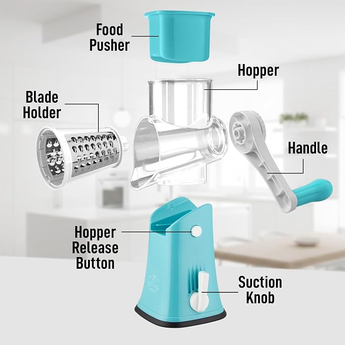 Zulay Kitchen Rotary Cheese Grater 5 Blade Cheese Shredder - Manual Hand Crank Cheese Grater With Reinforced Suction & 5 Interchangeable Drums - Easy to Use, Vegetable Chopper Round Mandoline Slicer