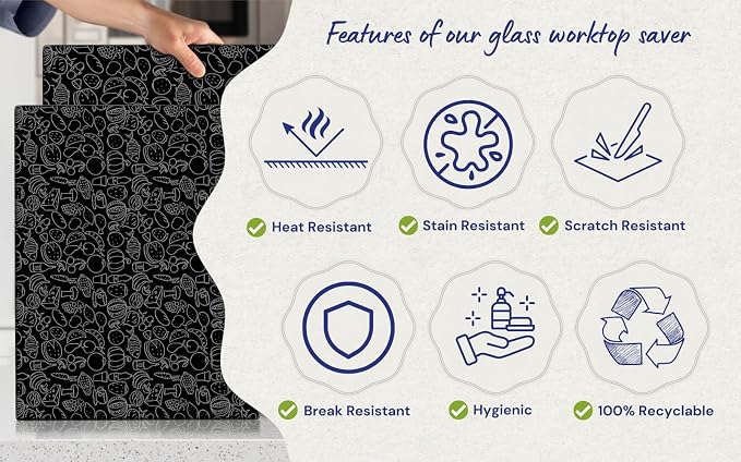 Glass Cutting Board 20”x16”: Tempered Glass Kitchen Counter Protector - Durable- Scratch-Resistant, Heat-Proof - Design 4 - Black Design