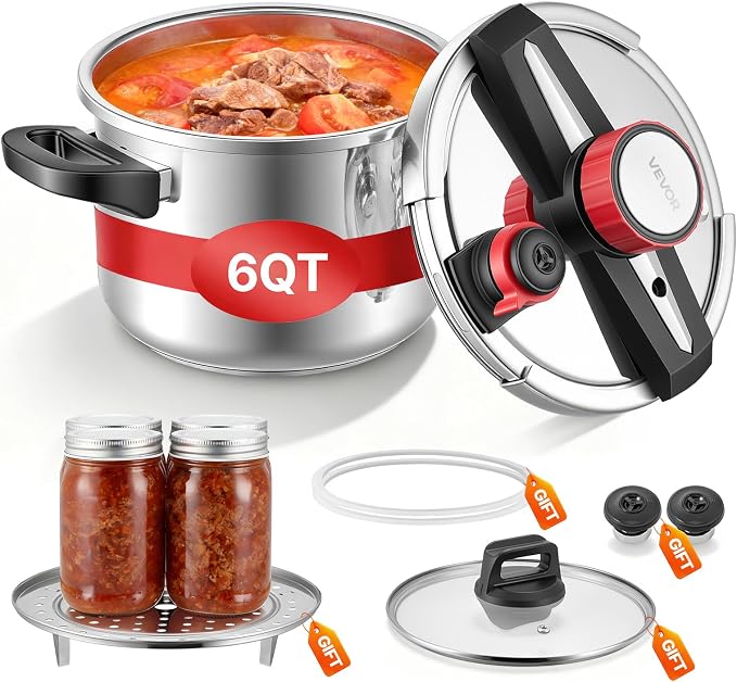 VEVOR Pressure Cooker, 6.3Qt Pressure Cooker Stainless Steel, Pressures Canner with Steaming Rack, Tempered Glass Lid, Three Pressures Settings for Meat, Beans, Rice, Soup, Sauces, Cook up to 100 kPa