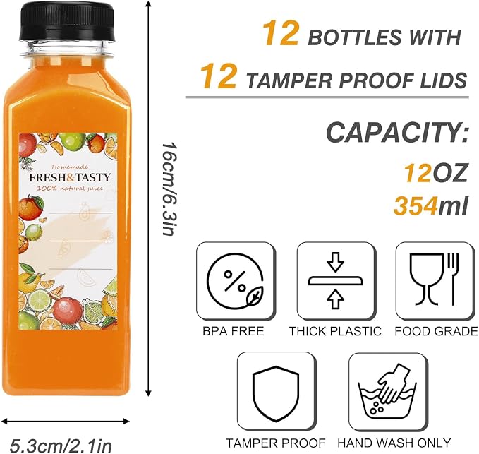 12pcs 12oz Plastic Juice Bottles with Caps, Sticker Labels, Brush | Reusable Clear Bottles with Lids and Labels, Funnel, Brush Beverage Containers for Juicing, Smoothies, Tea, Milk