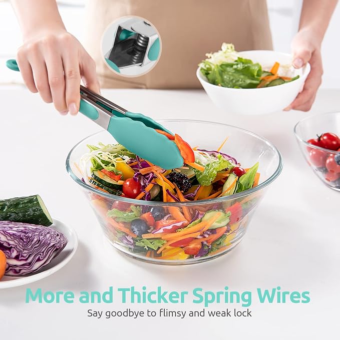 U-Taste Kitchen Tong for Cooking, 600ºF Heat-Resistant Tps, 9in/Aqua Sky | Rubber Tong for Serving Food, Salad/Grill/BBQ/Steak/Pasta Silicon Tongs, 18/8 Stainless Steel Handle & Smooth Locking