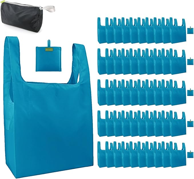 BeeGreen Reusable Grocery Bags Lake Blue Kitchen Bags Bulk Foldable-Machine Washable with Zipper Storage Pouch 50 Packs