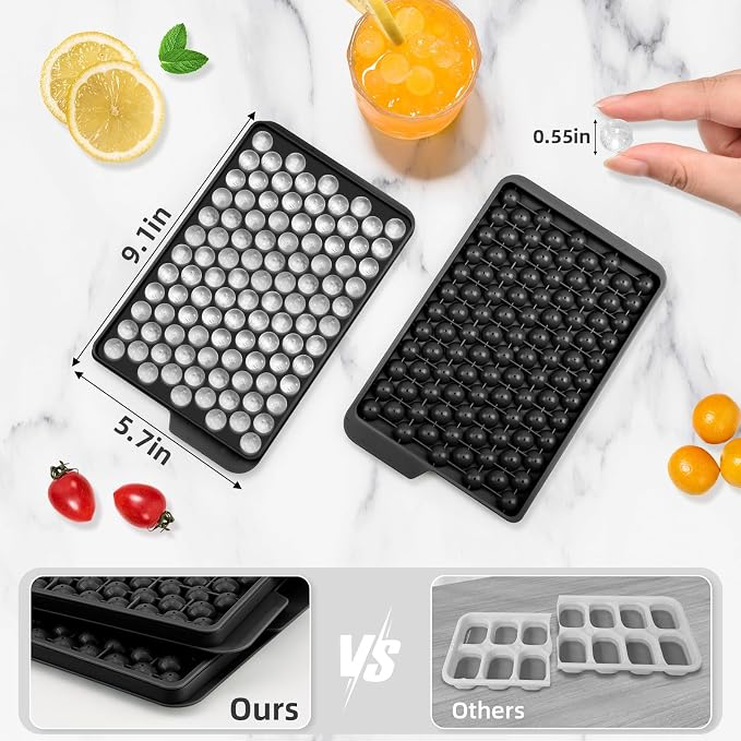 Mini Ice Cube Trays for Freezer with Lid, 0.55" Pebble Ice | 4 Trays-Black, with Ice Box & Scoop. for Coffee, Bottle, Juice & Drinks, Easy Twist Release, Stackable