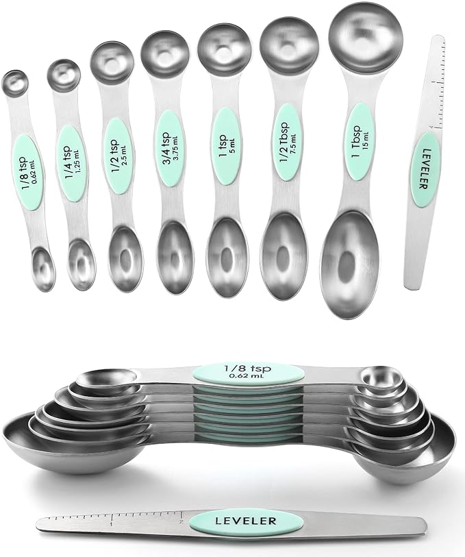 Spring Chef Stainless Steel 8 Magnetic Measuring Spoons Set, 2 Pack, Mint | Dual Sided Metal Teaspoon & Tablespoon Measuring Spoons with Leveler for Dry & Liquid Ingredients, Nesting, Dishwasher Safe