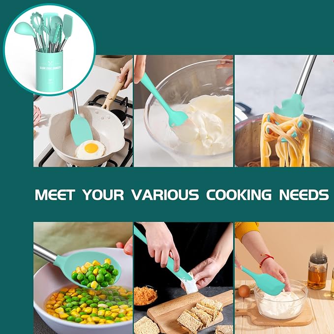 Silicone Cooking Utensil Set, Umite Chef 15pcs Silicone Cooking Kitchen Utensils Set, Non-stick - Best Kitchen Cookware with Stainless Steel Handle - Green