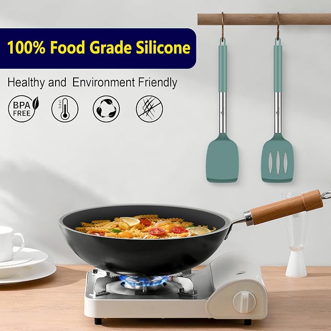 HOTEC Silicone Spatula Set of 2 Heat-Resistant 600F & BPA-Free Kitchen Spatula Turner with Stainless Steel Handles, Slotted & Solid Spatulas for Nonstick Cookware, 13.7 Inch, Sage Green