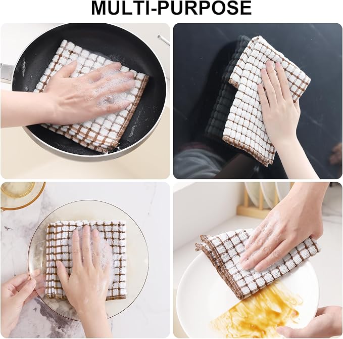 Kitinjoy Cotton 12 Pack Terry Kitchen Dish Cloths, Brown | 12 x 12 Inches Super Soft and Absorbent Dish Rags, Quick Drying Dish towels for Washing Dishes