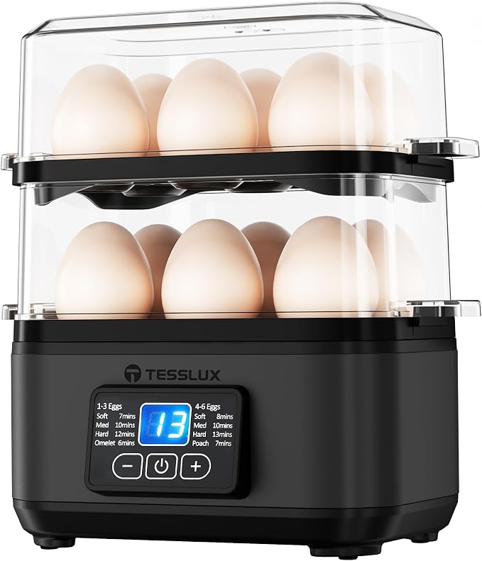 Tesslux Egg Cooker, Dual Layer 12 Egg Boiler, Soft Hard Poached, Black | LED Countdown Timer, Touch Control, Poaching Bowl, Omelet Maker, Two Trays, Vegetable Steamer, Auto Shut-Off, Buzzer Alert