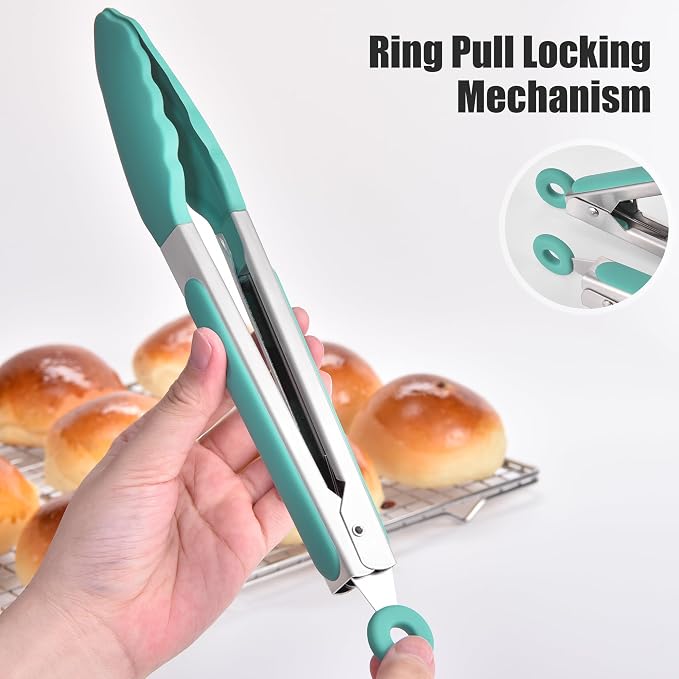 Doosu Kitchen Tongs with Silicone Tips for Cooking Serving (3Pcs, Aqua Sky) | 600°F Heat Resistant Food Tong, Heavy Duty Stainless Steel Locking Tong for BBQ, Grilling Steak, Salad, Toast, Pasta