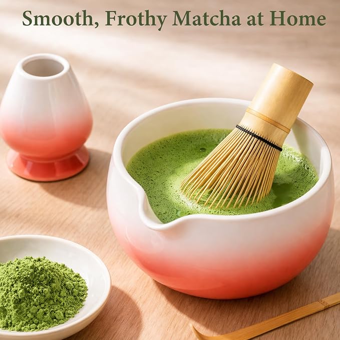 Matcha Whisk Set, Ceramic Matcha Set Includes Bowl & Holder, Bamboo Whisk (Chasen), Scoop, Spoon and Sifter, 6Pcs Matcha Kit Covers Everything Needed for Making Matcha (Red)