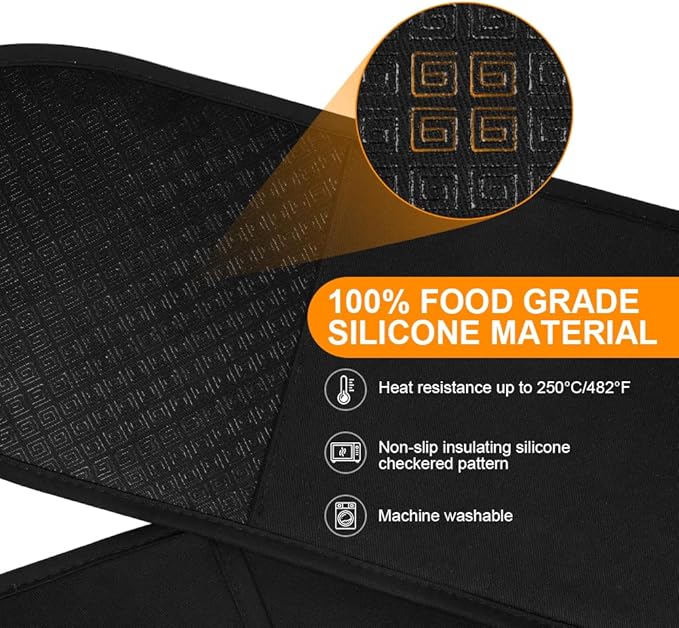AUAUY Black Double Oven Mitts, 250°C/482°F Heat Resistant BBQ Mittens with Ropes, Silicone Non-Slip Design Kitchen Mittens, Cooking Glove Top Kitchen Gadgets for Cooking Baking Grilling | with Ropes, Silicone Non-Slip Design Kitchen Mittens, Cooking Gl...
