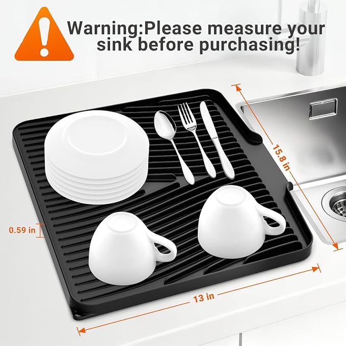 Silicone Dish Drying Mat for Kitchen counter | 15.8"x13" Dish Drainer Mat, Heat-Resistant Kitchen Counter Mat & Over-Sink Drying Tray, Can Be Hung, Black-2pcs