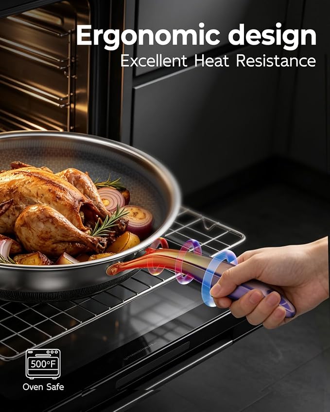 FogDream 10 Inch Stainless Steel Frying Pan with Lid, Honeycomb Hybrid Nonstick Skillet for Induction & All Cooktops, PFAS/PFOA/PTFE Free, Oven Safe to 500°F, Stay-Cool Handle, Dishwasher Safe, Gold