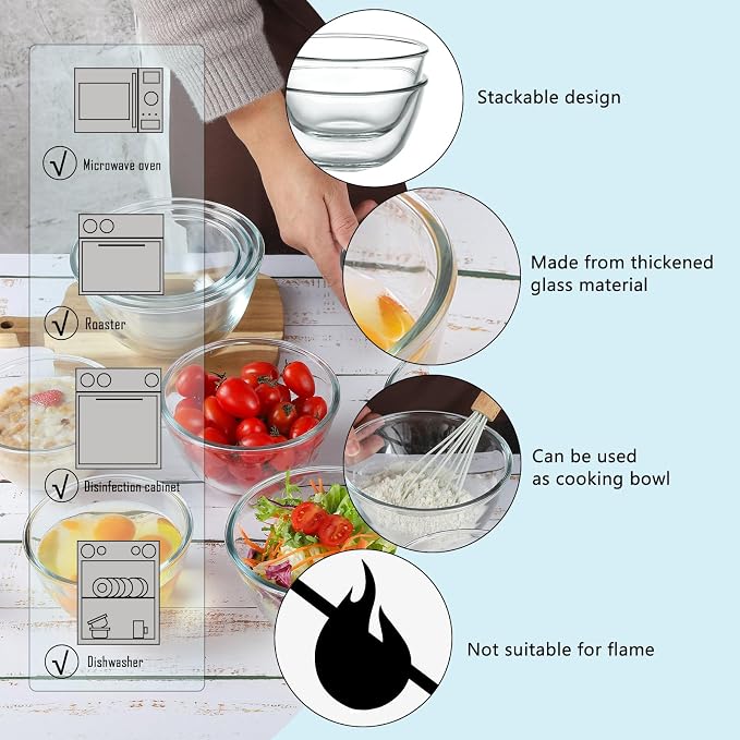 WHJY 3-Pack 5-Inch Glass Cereal Bowls, Clear Glass Serving Bowls for Salad, Pasta, Soup, Cereal - 16 oz Capacity, Modern Style