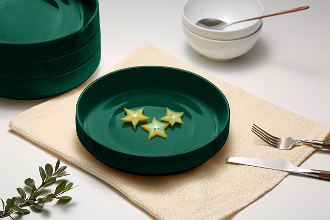 KooK Ceramic Large Pasta Bowls, Microwave and Dishwasher Safe, Great for Soups and Salads, Shallow Serving Bowls, Glossy Porcelain, 47 oz, Set of 4, Hunter Green