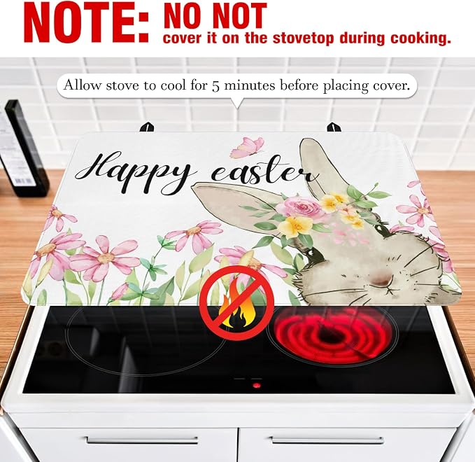 Happy Easter Glass Stove Top Covers for Electric Stove,Spring Bunny Rabbit Flowers Floral Cute Heat Resistant Cooktop Protector Non-Slip Washable Dish Drying Mat Rug Pad for Kitchen Decor 28"x20"