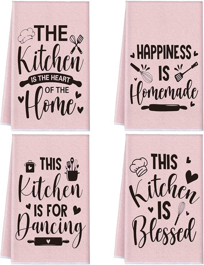 4 Pcs Pink Kitchen Towels Happiness Hand Tea Towels | Absorbent Heart of The Home Quote Decorative Dishcloths with Hanging Loop for Home Housewarming Gift Funny Kitchen Decor