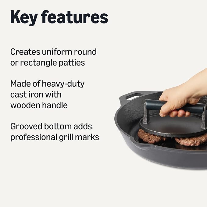 Amazon Basics Smash Burger Press, Cast Iron Bacon Press with Wooden Handle, Grooved Bottom for Grill Marks, 6.8-Inch Round & 8.1-Inch Rectangle, Black, 2-Pack