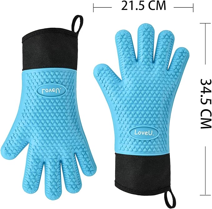 Silicone Oven Mitts Gloves - Heat Resistant, Non-Slip for BBQ, Grilling | 450°F Double-Layer｜Waterproof Kitchen Cooking Barbecue Mittens ｜5 Finger Hot Mitt for Baking, Smoker& Cast Iron(One Size)