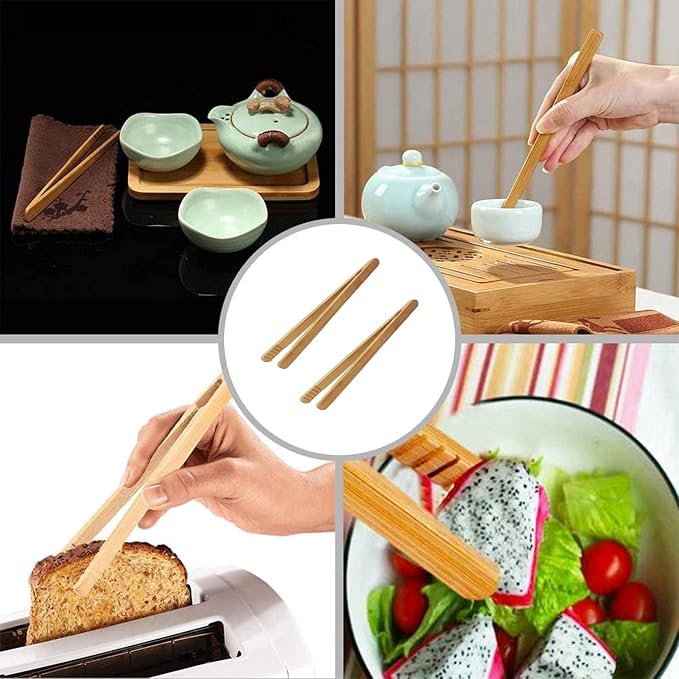 7 Inch Bamboo Kitchen Utensil Tongs for Toast, Kimchi, 8 Pcs