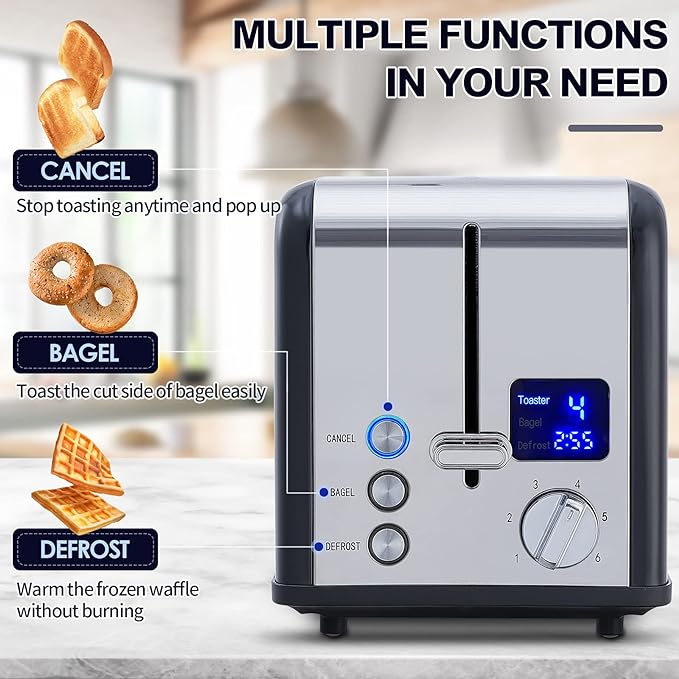 CUSIMAX 2 Slice Stainless Steel Toaster with Digital LED Display, Black | 1.5'' Wide Slots for Bagels & Thick Bread, Countdown Timer, 6 Browning Levels, Bagel/Defrost/Cancel, Removable Crumb Tray