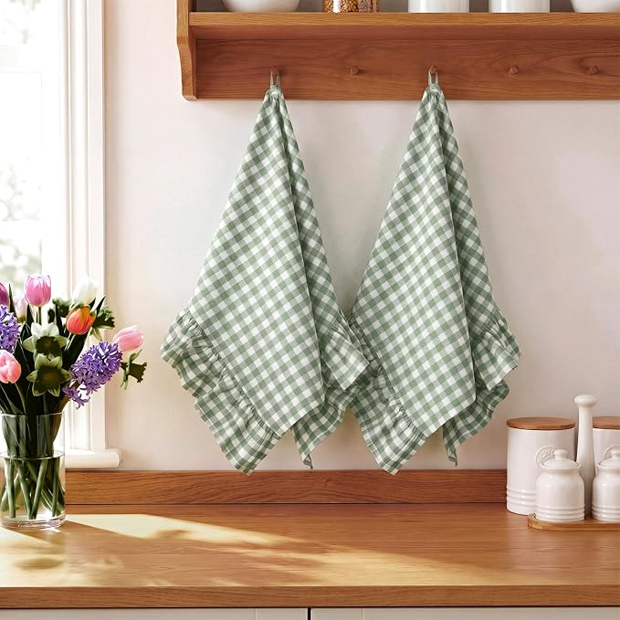 HunnmingRe 2 Pcs Green Gingham Kitchen Towels Cotton Ruffled | Checked Dish Towels 18"x28" Tea Cloths Plaid Cottage Core Kitchen Decor for Farmhouse Charm Drying Dishes Entertaining Guests