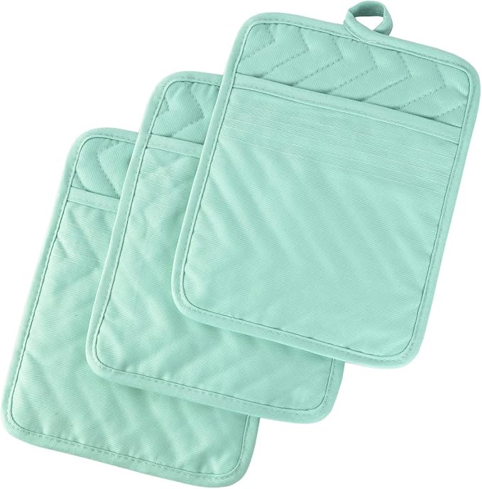 Anyi Pot Holders and Oven Mitts 7" X 9" Heat Resistant Cotton Pocket Pot Holder Set Feature of Non Slip Kitchen Hot Pad Oven Mitts, 3-Pack (Aqua Sky)