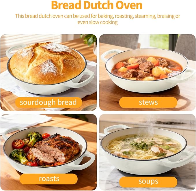 6QT Enameled Cast Iron Dutch Oven For Sourdough Bread Baking | Dutch Oven Pot With Lid,Non-stick Sourdough Baking Pan with Bread Dome,Round Ceramic Dutch Oven Pot for Homemade