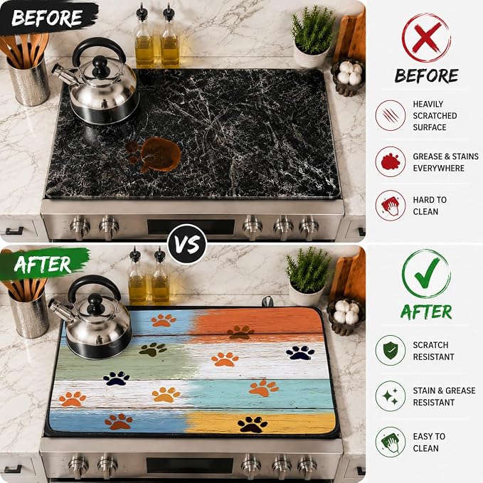 Electric Stove Top Cover for Glass Top, Dog Paw Prints Decor – Heat Resistant Flat Stove Top Covers, Decorative Scratch Protector Mat for Glass Ceramic Cooktop, Non-Slip, 28"x20"