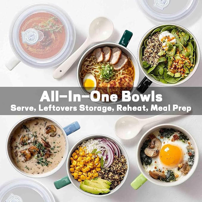 Soup Bowls with Handles & Spoons, 30oz Ceramic Ramen Bowl with Lid, Large Soup Mugs/Cups for Instant Noodle, Big Cereal Bowls for Oatmeal, Soup Containers with Lids, Set of 2, Teal Blue
