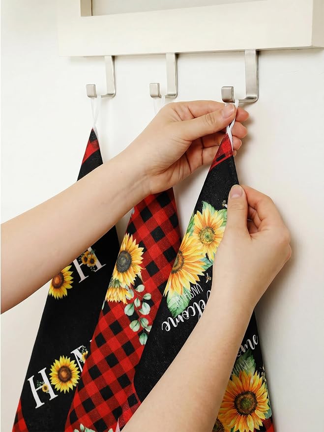 4 Pcs Sunflower Kitchen Towels Red Black Hand Dish Towels Gifts | Floral Absorbent Sunshine Grid Fast Drying Decor Housewarming Gift for Cooking Bathroom Kitchen Decor