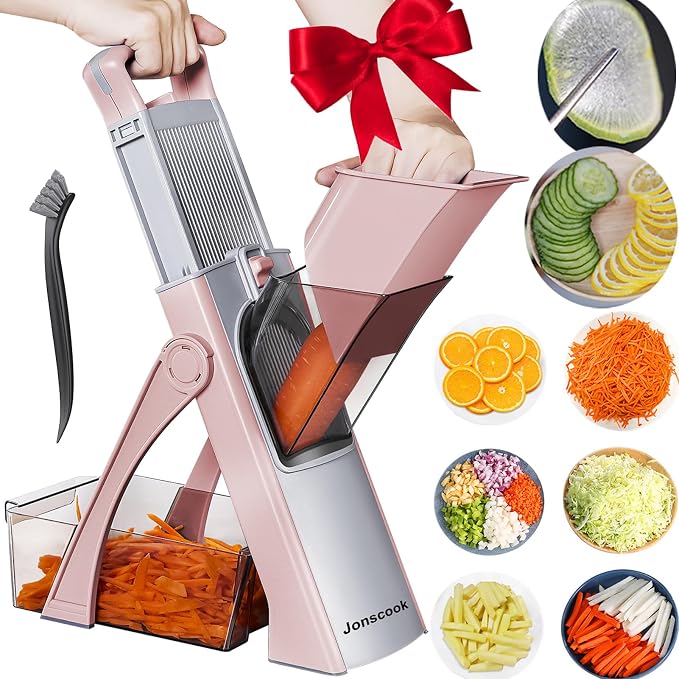 All-in-1 Safe Mandoline Slicer for Kitchen, Food Chopper with Container | 0.1-8mm Thickness Vegetable Chopper, Safe Mandoline Slicer, Potato French Fry Cutter Tomato Apple Slicer Onion (Pink)