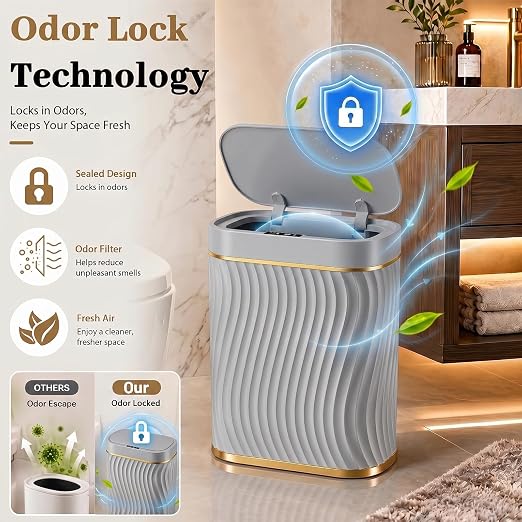 2.6 Gallon Automatic Bathroom Trash Can with Touchless Lid, Grey Gold | Motion Sensor Trash Can with Slim Waterproof Body; Small Plastic Garbage Can, hands-free lid for Bedroom, office, and kitchen