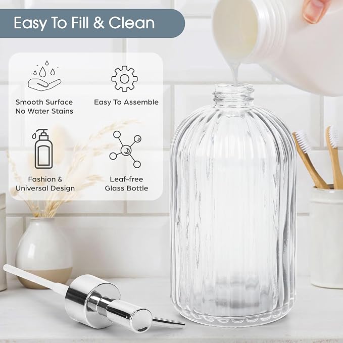 Topsky Stripe Glass Soap Dispenser with Plastic Pump, 400ml Liquid Hand Soap Dispenser, Rustproof Pump for Kitchen & Bathroom, Great for Lotions, Essential Oil, Liquid Soaps,Transparent