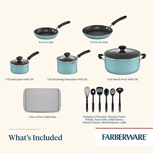 Farberware Cookstart Aluminum DiamondMax Nonstick Cookware Set, Kitchen Essentials, 15-Piece, Aqua