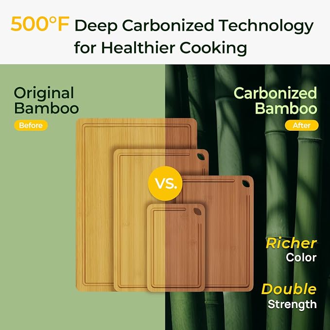 Keechee Carbonized Bamboo Cutting Board Set of 4, Kitchen Prep Boards | Non Toxic, Resisted-Cracking&Curling, Deep Juice Groove, Side Handles,Cross-Laminated Structure, Knife-Friendly