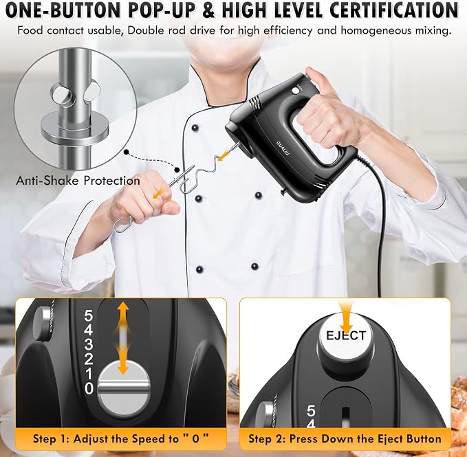 GUALIU Electric Hand Mixer, 304*(2* Beaters, 2* Dough Hooks), (1* Storage Bag) Handheld Mixer for Baking Cakes, Eggs, Cream Food Mixers, Turbo Boost /5 Speed Kitchen Blender BLACK