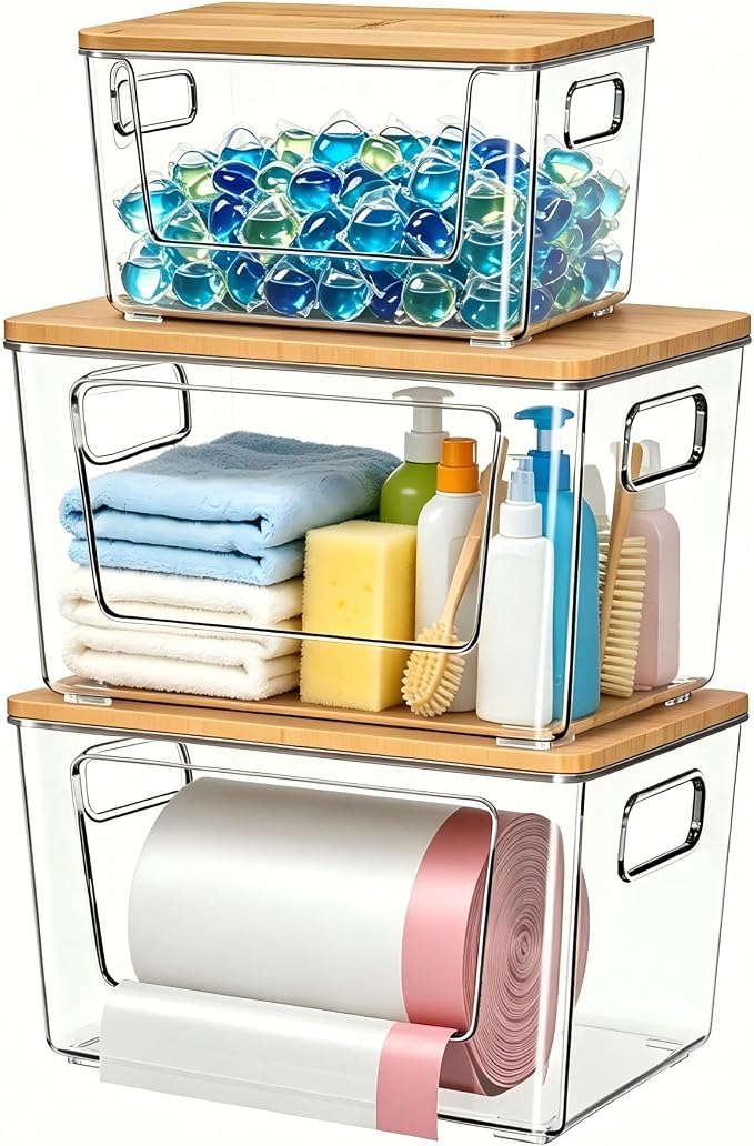 spospo 3 Pack Trash Bag Holder with Bamboo Lid Stackable Trashbag Dispenser | Extra Large Garbage Bag Holder for Kitchen Laundry Room Under Sink Organization and Storage