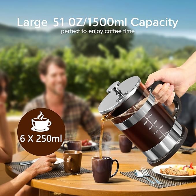 QUQIYSO French Press Coffee Maker 51oz, Large French Press, Thickened Glass | Borosilicate Glass Plastic Free Coffee Maker, Easy to Clean,4 Filter, Coffee Press Suitable for Kitchen Party Camping(Silver)