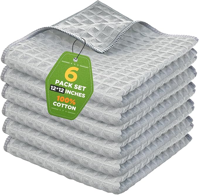 Kitchen Towels 6-Pack Cotton Waffle Weave Dish Cloths 12 x 12 Cleaning Rags