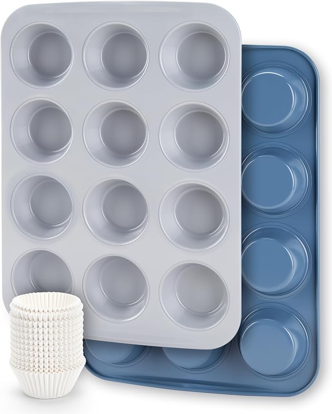 CARTMAN 2-Pack Ceramic Muffin Pan 12 Cup with 200 Cupcake Liners, Non-Stick & Non-Toxic Baking Tin for Healthy Muffins and Cupcakes, Perfect for Home Kitchens and Parties