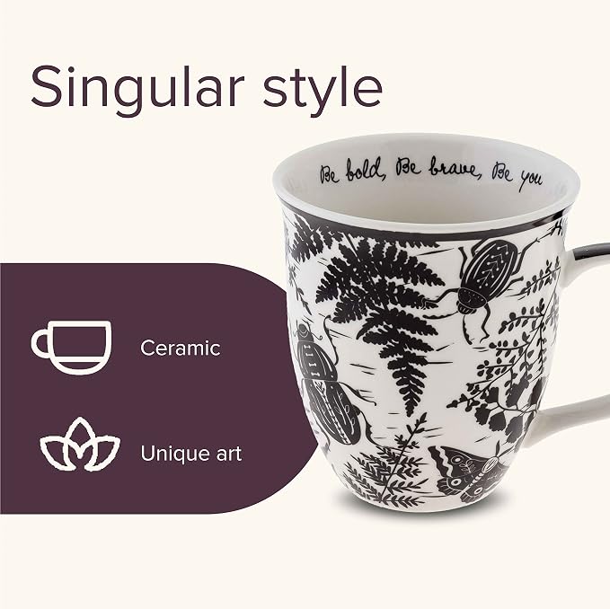 Karma Gifts 14 oz Black and White Boho Mug Beetle - Cute Coffee and Tea Mug - Ceramic Coffee Mugs for Women and Men