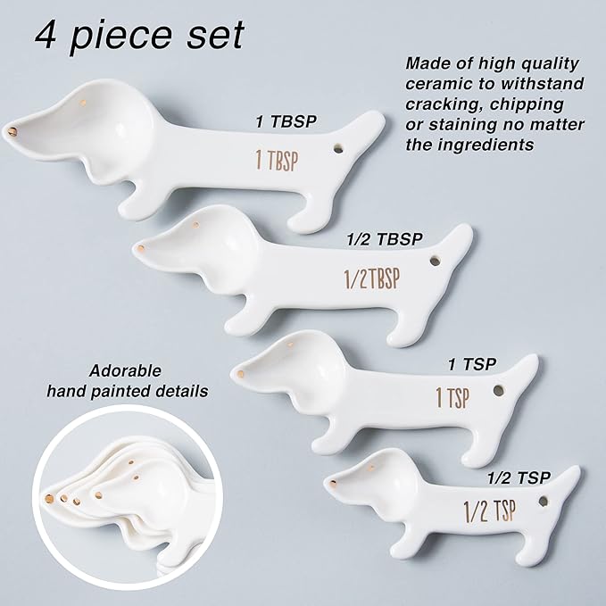 Dachshund Measuring Spoons, Ceramic, Set of 4, Dog Lover Gifts | Weiner or Wiener Dog Themed Kitchen Baking Tools, White Ceramic, Gift for Dachshund Lovers
