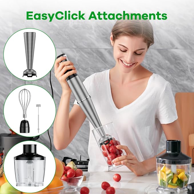 Turelar Immersion Blender Handheld Corded, 1100W 5 in 1 Hand Blender Set | Trigger Variable Speed, Emulsion Stick Mixer with Food Processor, Whisk, Frother, for Soup, Puree, Baby Food, Anti-scratch