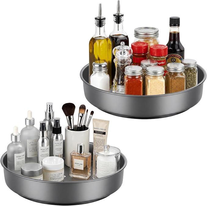 2PCS 9.8" Black Metal Lazy Susan Turntable Organizer | Non-Slip, Easy to Wipe, 360° Rotating Spinning Tray, For Cabinet, Pantry, Table Top, Fridge, Bathroom Vanity, Kitchen Decor