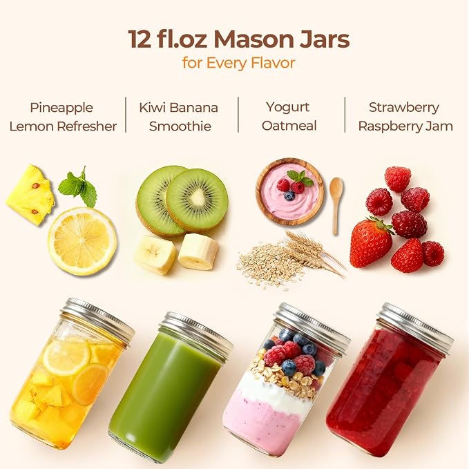 ComSaf 12 oz Mason Jars, 6 Pack Regular Mouth Glass Jars with Lids | BPA-Free Materials, Juice, Pickles, Sauces, Desserts, Overnight Oats, Medium Portions