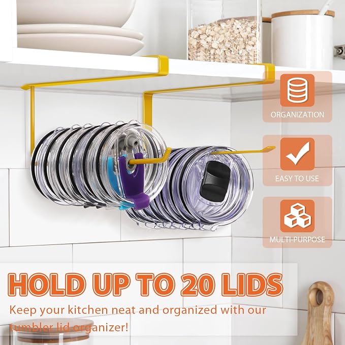 2 Pack Tumbler Lid Organizer, Versatile Storage Holds 20 Lids, Round&Flat | Space Saving Cup Lid Organizers Inside Cabinet Tumbler Lid Hook for Pantry Kitchen Organizer, Paper Towel Rack Hanger, Gold