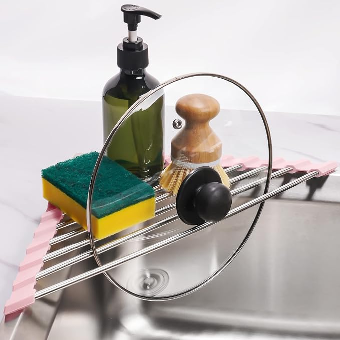 Tomorotec Triangle Foldable Dish Drying Rack, Small Roll-Up Stainless Steel Over Sink Drainer for Kitchen Sink Corner, Rustproof Multipurpose Organizer(Pink) | BPA-Free Food-Grade Silicone Edges Foldable Waterproof Rustproof Heavy-Duty Space Saver Heat...